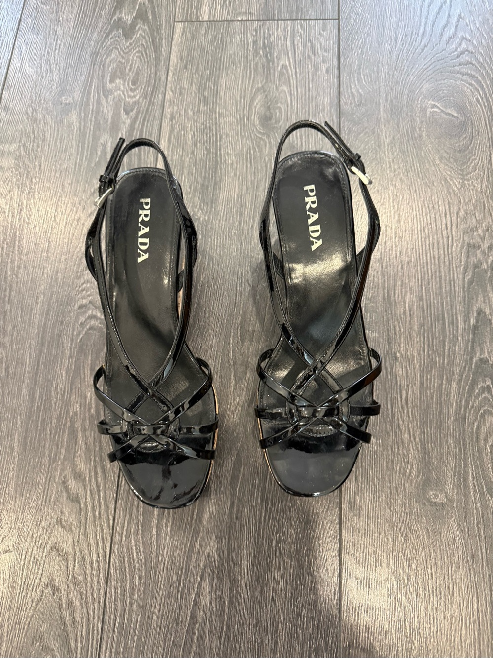 PRADA Black Patent Leather Strappy Slingback Heels